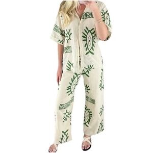 Boutique Beige & Green Resort Boho 2-Piece Set Shirt & Pants Womens‎ Medium